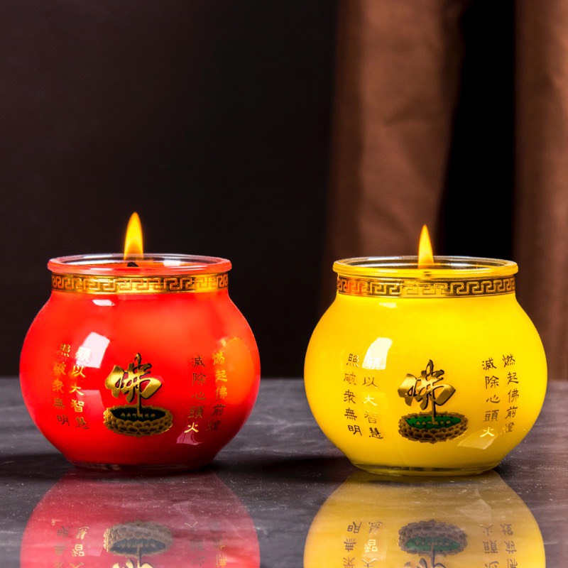 Nến Bơ đèn cầy chữ phật sen chữ bảo đèn cầy thủy tinh lưu ly 7 màu - phật giáo tường thuận