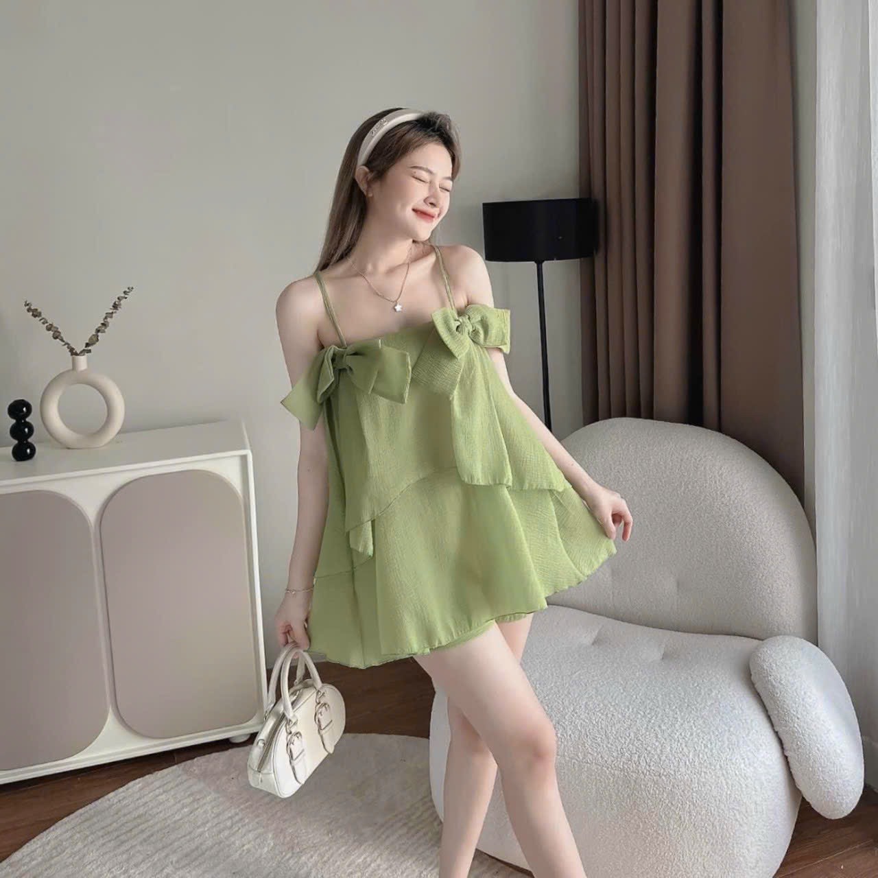 Set áo hai dây đính nơ và quần đùi nữ chất vải voan dễ thương đồ bộ đùi style Hàn Quốc màu pastel xi