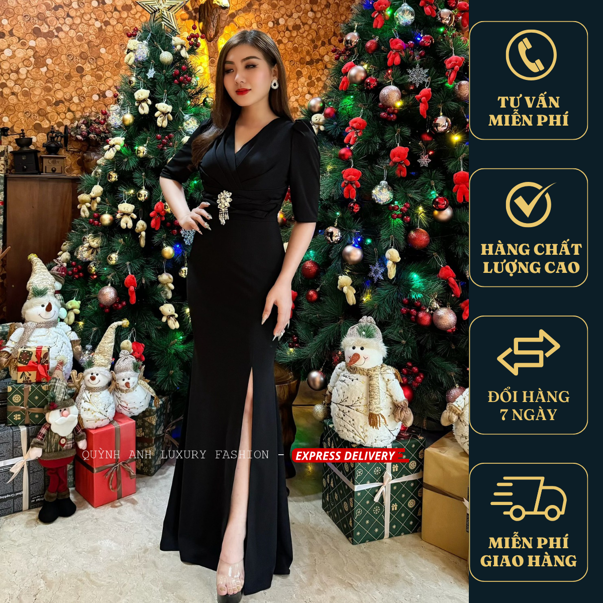 Đầm dạ hội xẻ tà cổ v hoạ tiết eo Jennie dress