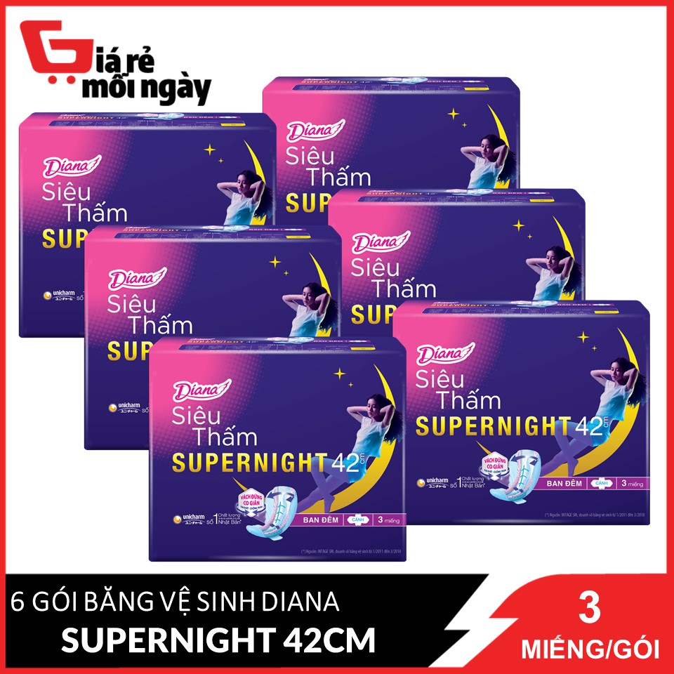 Combo 6 Băng vệ sinh Diana Siêu thấm Supernight 42cm 3 miếng/gói x6