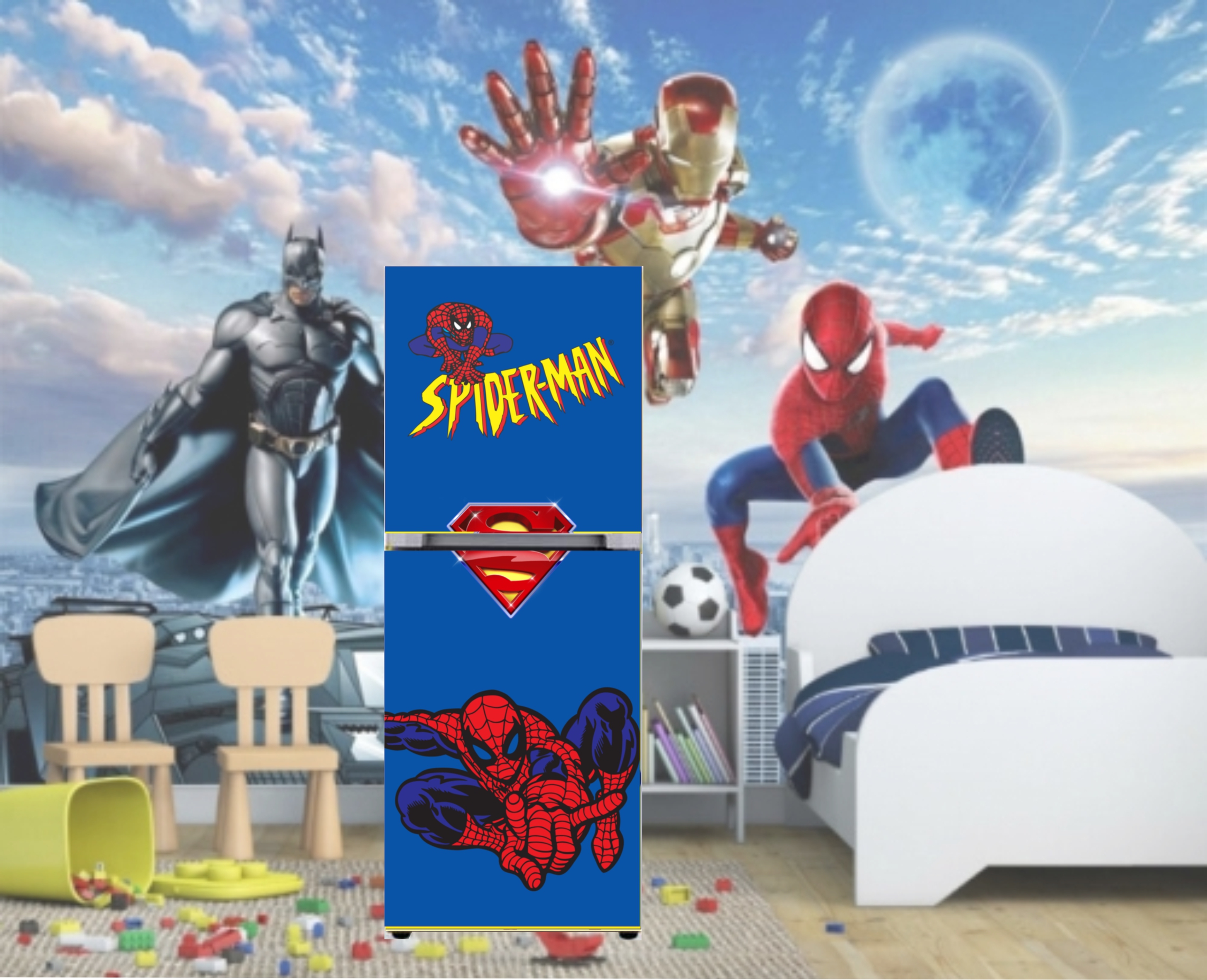 Miếng dán tủ lạnh mẫu siêu nhân Spiderman - Decal dán tủ lạnh Superman cho bé đủ kích thước cho mọi loại tủ lạnh máy giặt