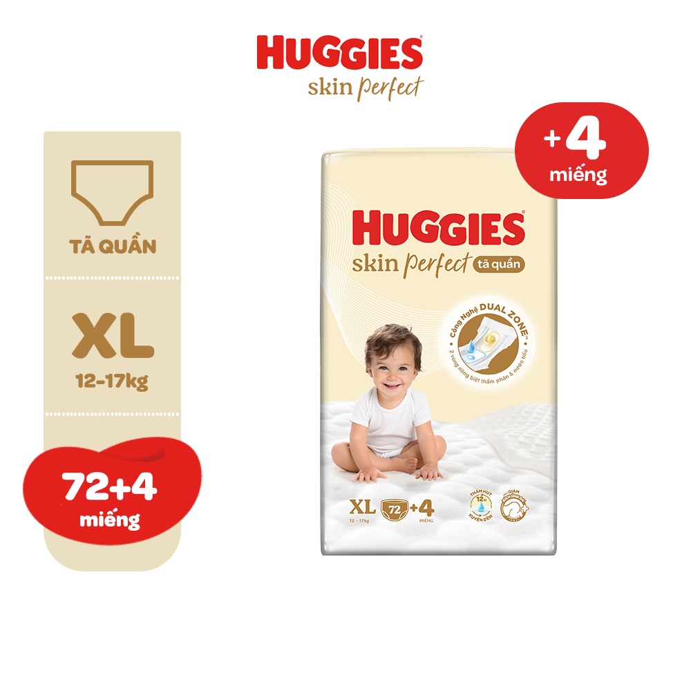 Tã quần Huggies Skin Perfect Mega Jumbo M98/L88/XL72+4/XXL64+4 miếng với 2 vùng thấm giảm kích ứng da