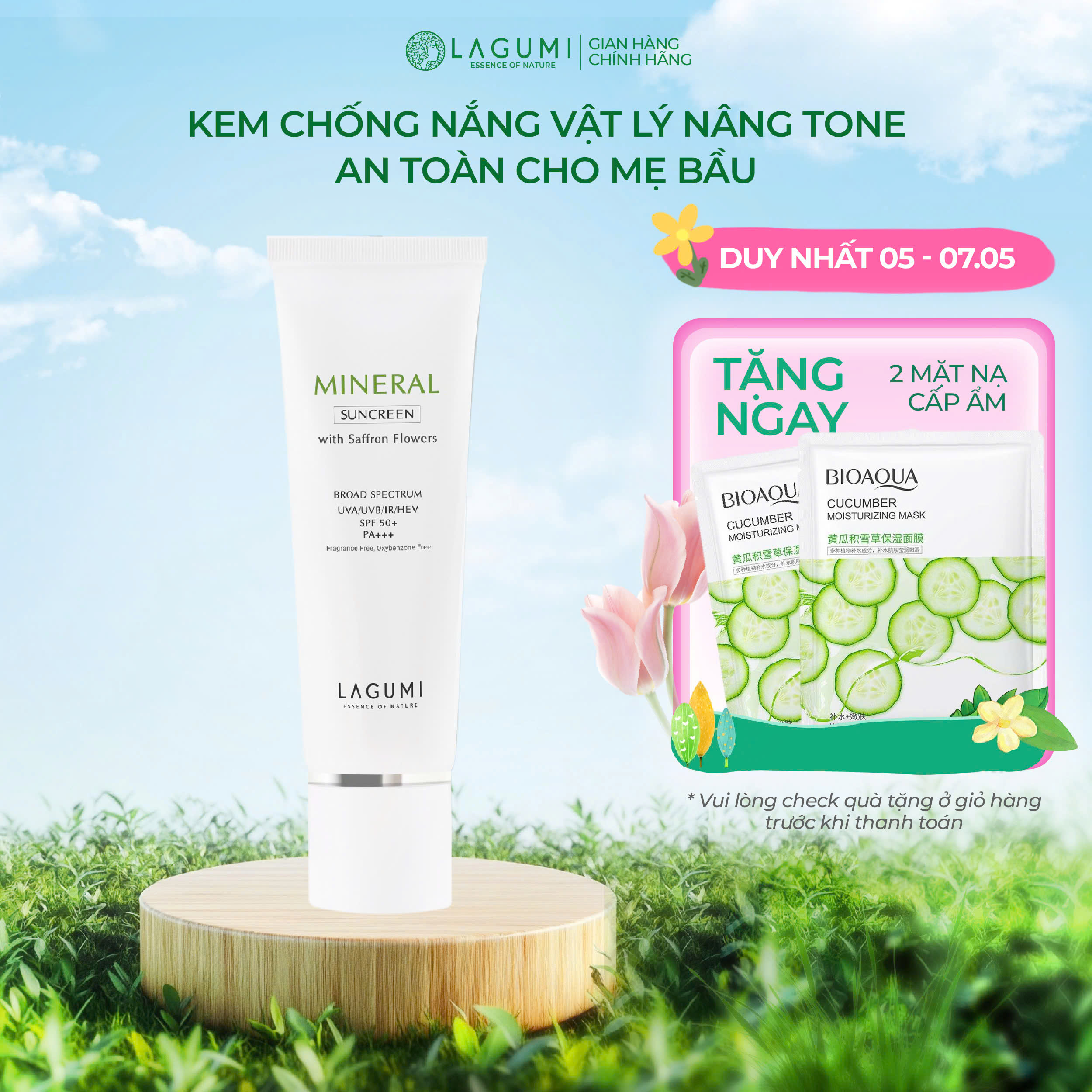 Kem chống nắng vật lý nâng tone Lagumi dành cho da dầu mụn nhạy cảm và an toàn cho mẹ bầu sau sinh S