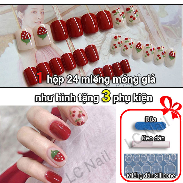 Móng tay giả có keo R001 Móng ngắn học sinh hình dâu tây cherry tặng kèm set quà phụ kiện - LC Nail