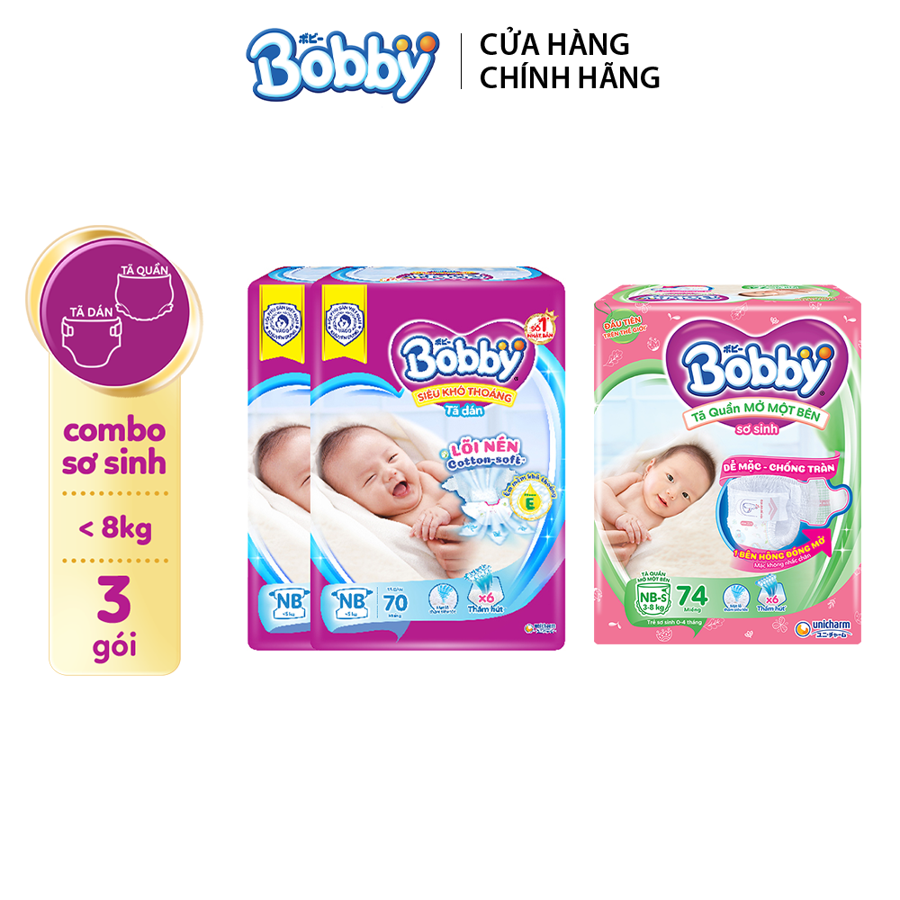 [TẶNG MIẾNG NGẪU NHIÊN] Combo sơ sinh gồm 02 gói Tã dán Bobby NB70 miếng và 01 gói Tã quần mở một bê