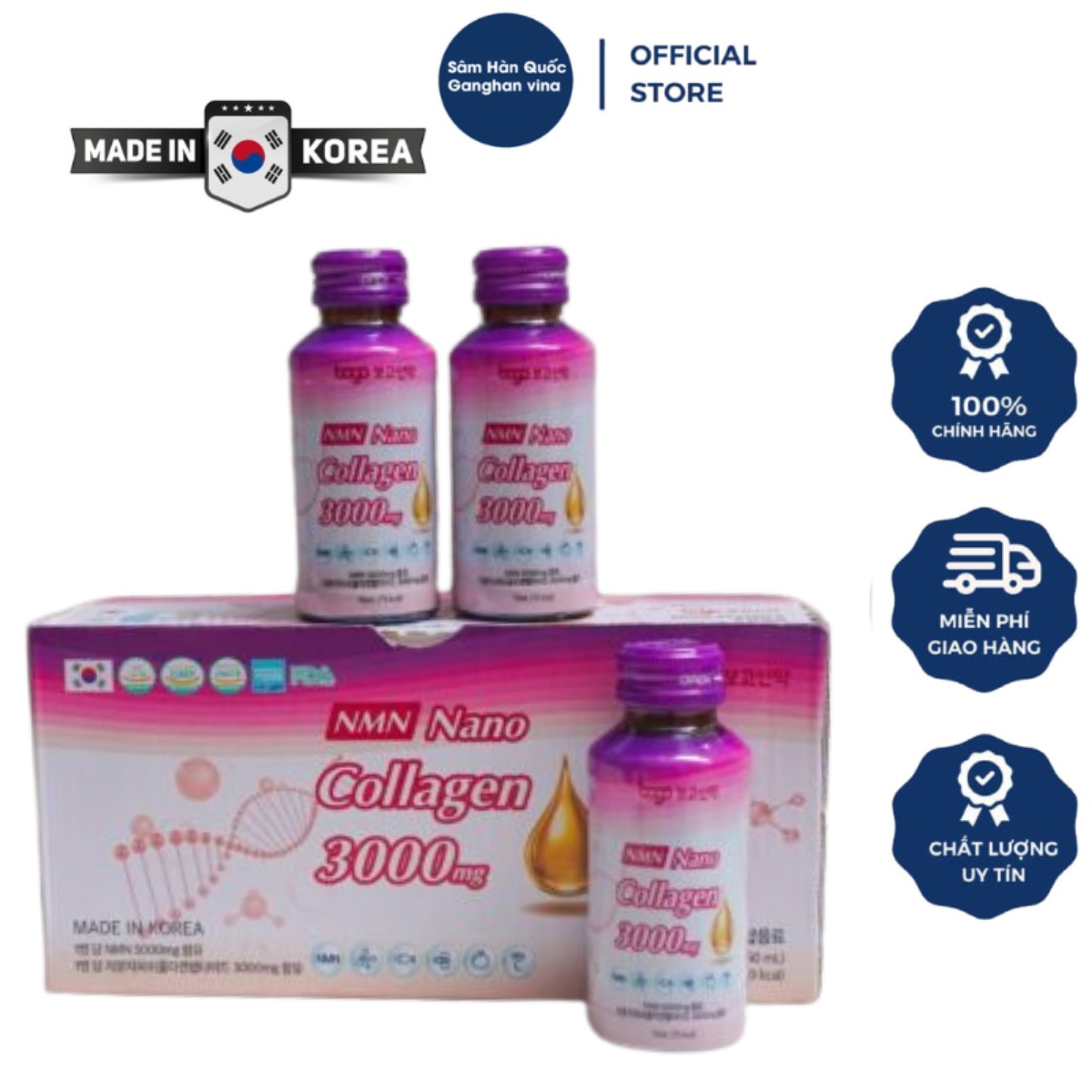 [Mẫu mới] Combo 3 Hộp Nước Uống NMN Nano Collagen 3000mg ( 75ml x 10 chai )