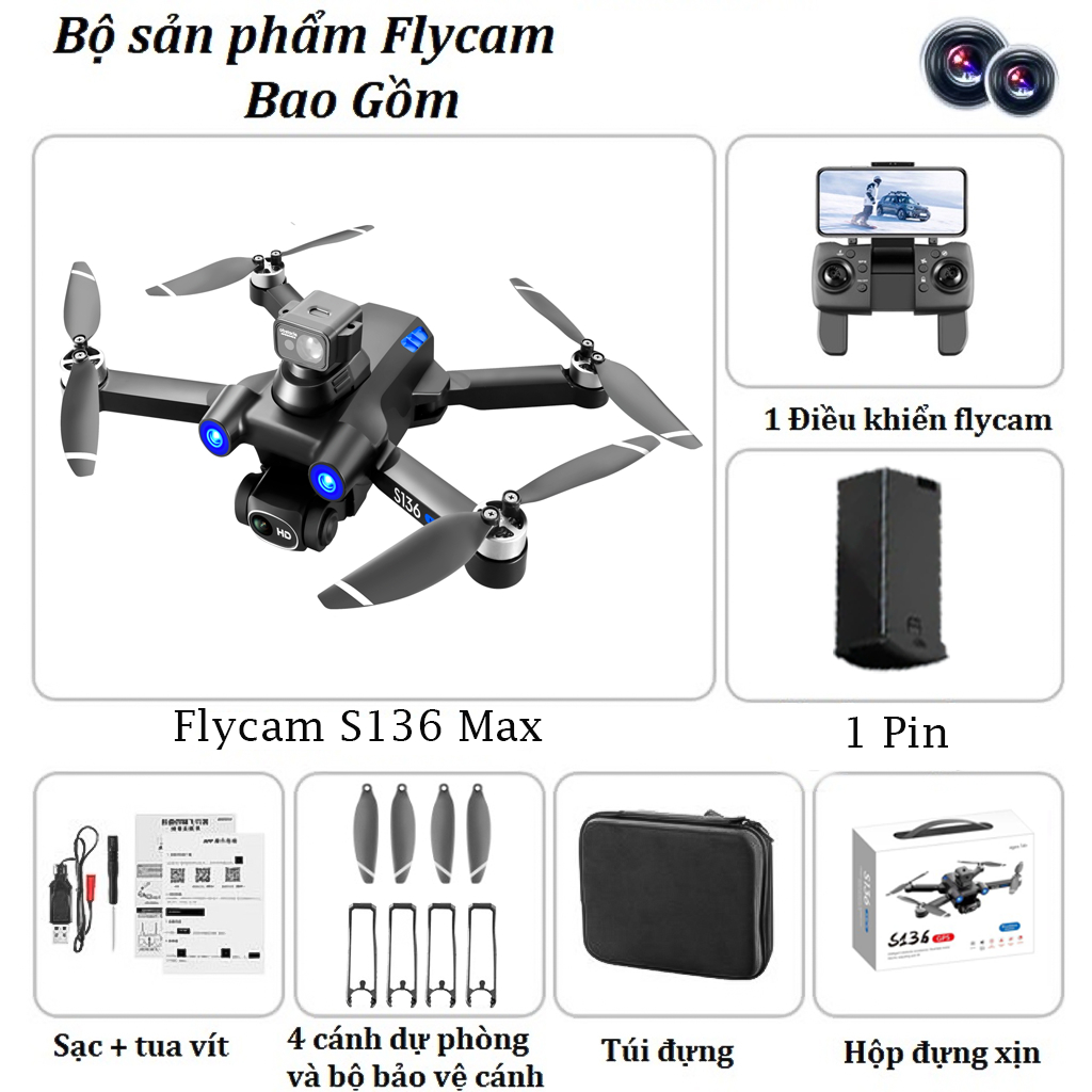 Máy Bay Flycam Mini Drone Camera S136 Pro Max Cảm Biến Chống Va Chạm Máy Bay Điều Khiển Từ Xa 4 Cánh