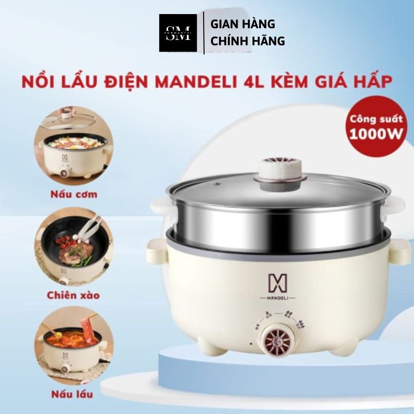 Nồi Lẩu Điện 2 Tầng 28cm Mandeli Nồi Lẩu Điện Đa Năng Kèm Xửng Hấp Công Suất 1000W - Nồi Điện Đa Năn