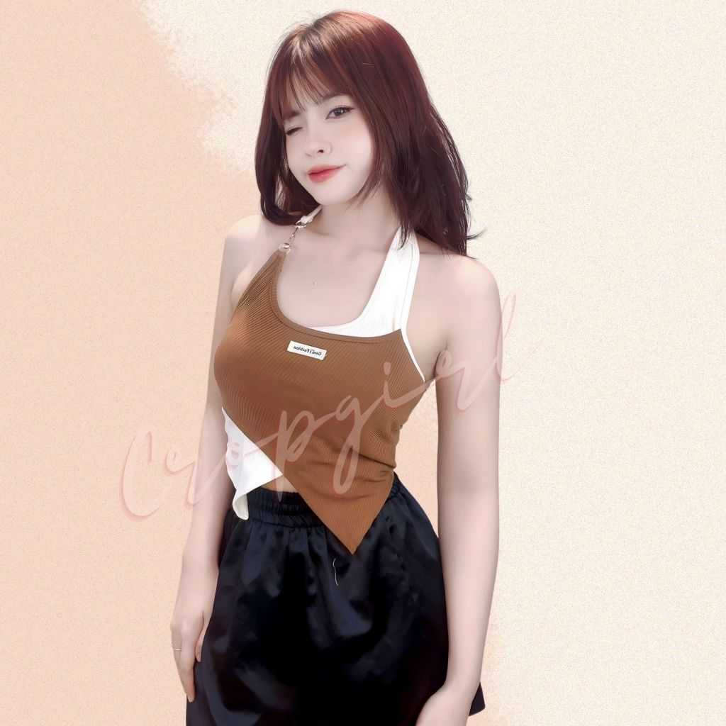 Áo yếm choàng cổ croptop nữ CROPGIRL phối màu vạt chéo Áo croptop nữ cổ yếm phối khoen cực xinh C28