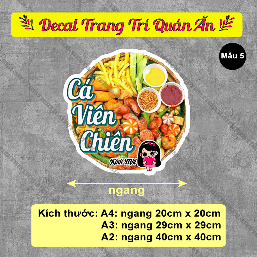 Decal mẫu Xiên que cá viên chiên bánh tráng trộn dán trang trí xe bán hàng tủ kính cửa hàng ăn uống 