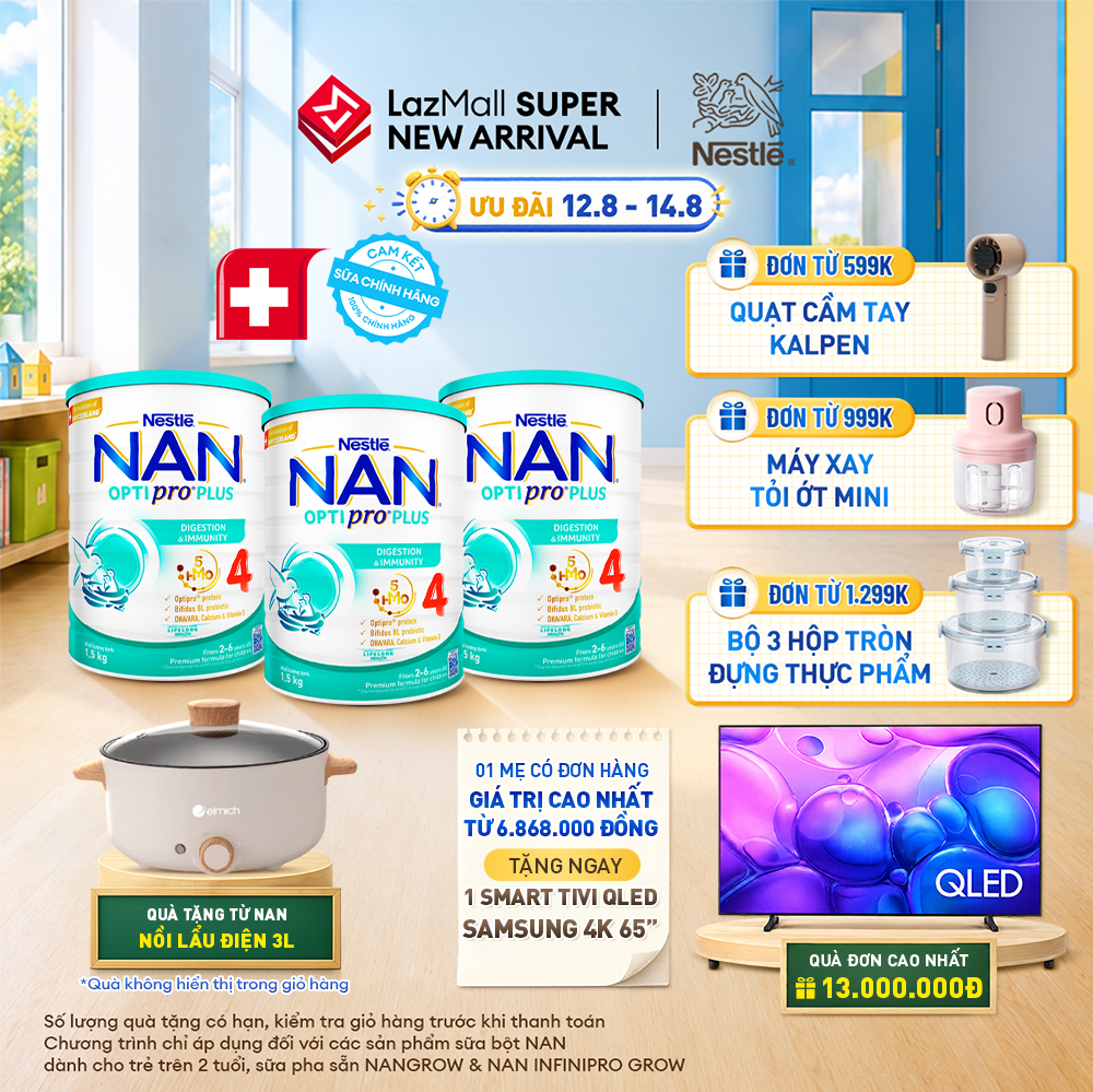 [CHỈ 12-14.08 QT ĐƠN 599K/999K/1299K][Tặng Nồi lẩu điện 3L] Bộ 3 lon Sữa bột Nestlé NAN OPTIPRO PLUS 4 với 5HMO xuất xứ Thụy Sĩ - Hộp 1500g/lon với 5HMO Giúp tiêu hóa tốt + Tăng cường đề kháng