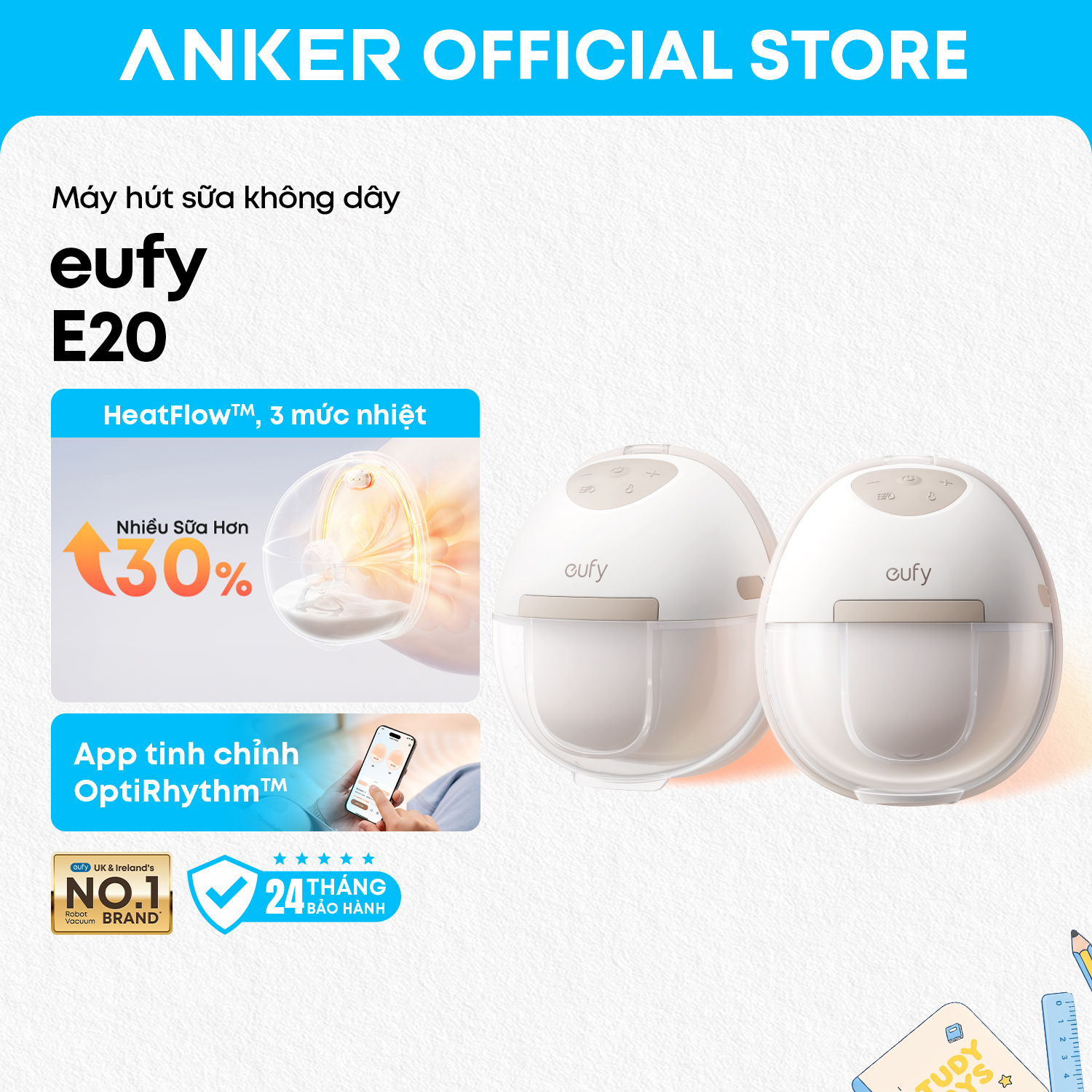 Máy hút sữa không dây Eufy E20 sưởi ấm 3 mức tăng 30% sữa app tinh chỉnh 7 lực hút chuẩn y khoa bảo hành 24 tháng