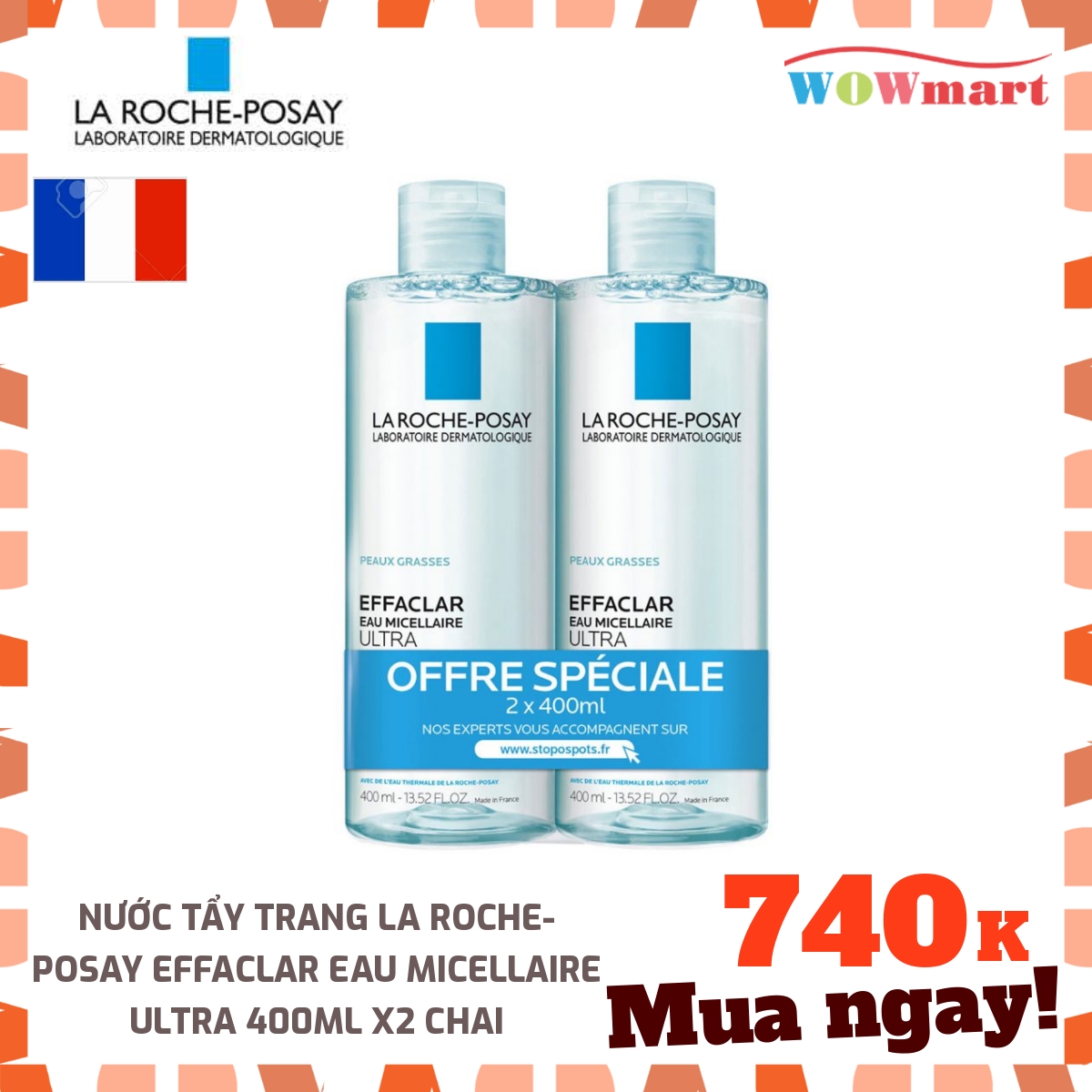 [Hcm]Nước Tẩy Trang La Roche - Posay Effaclar Eau Micellaire Ultra 400Ml X2 Chai