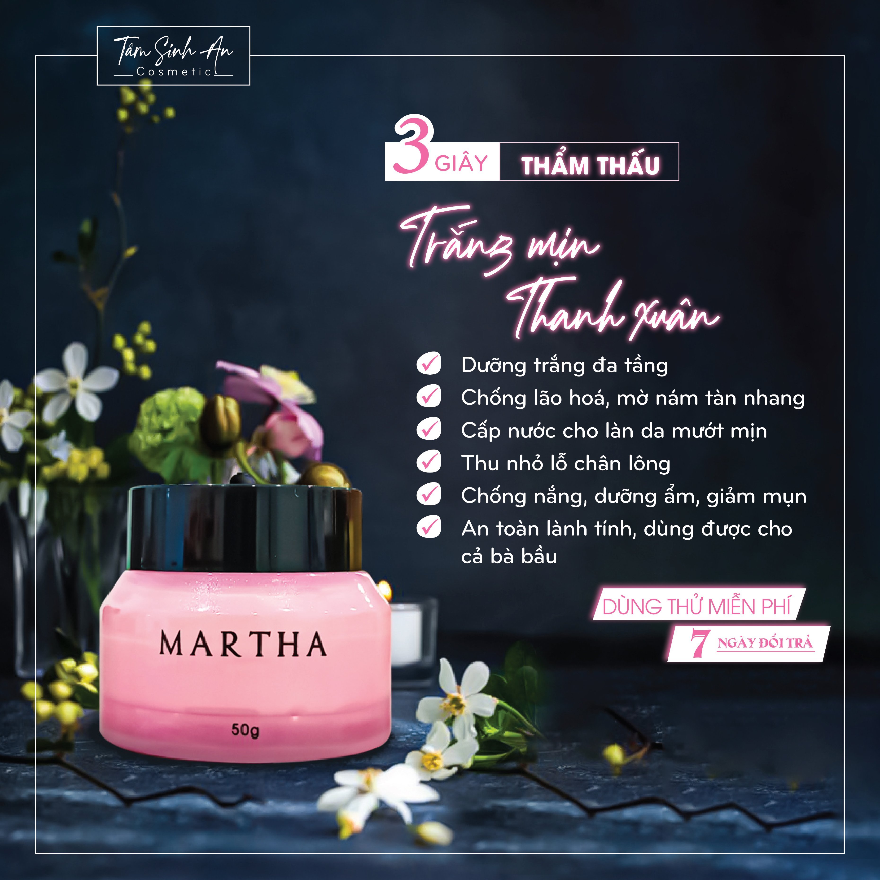 Kem Dưỡng Da Ngày Đêm Martha - Dưỡng Trắng Cấp Ẩm Mờ Nám Giảm Mụn - Tâm Sinh An Cosmetic - Mãi Mãi Tuổi 18