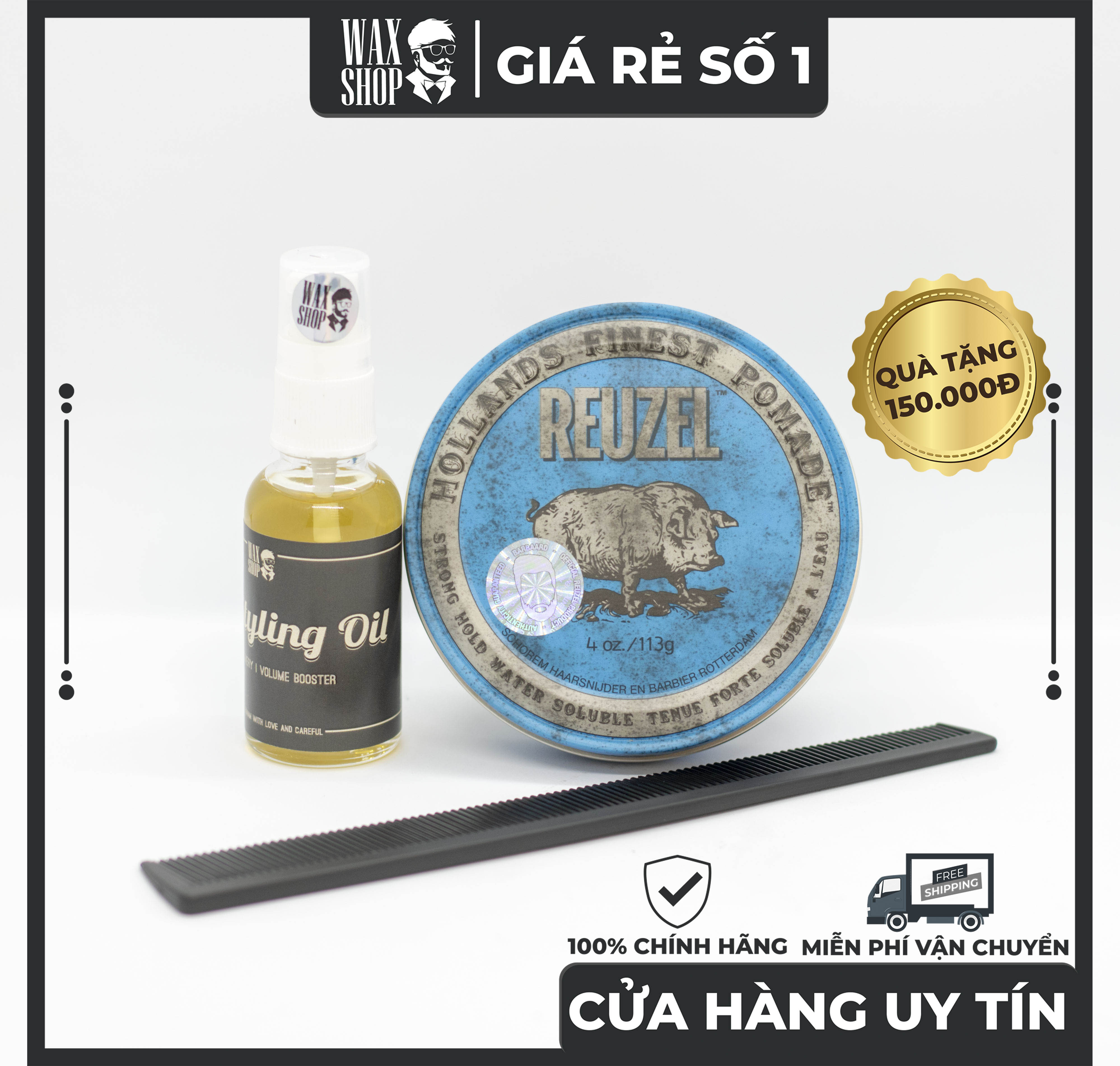 [HCM]Sáp Vuốt Tóc Reuzel Blue Strong Hold Water Soluble High Sheen 113g ⚡ [Chính Hãng] ⚡ Tặng Kèm Pre-Styling Oil và Lược Sấy