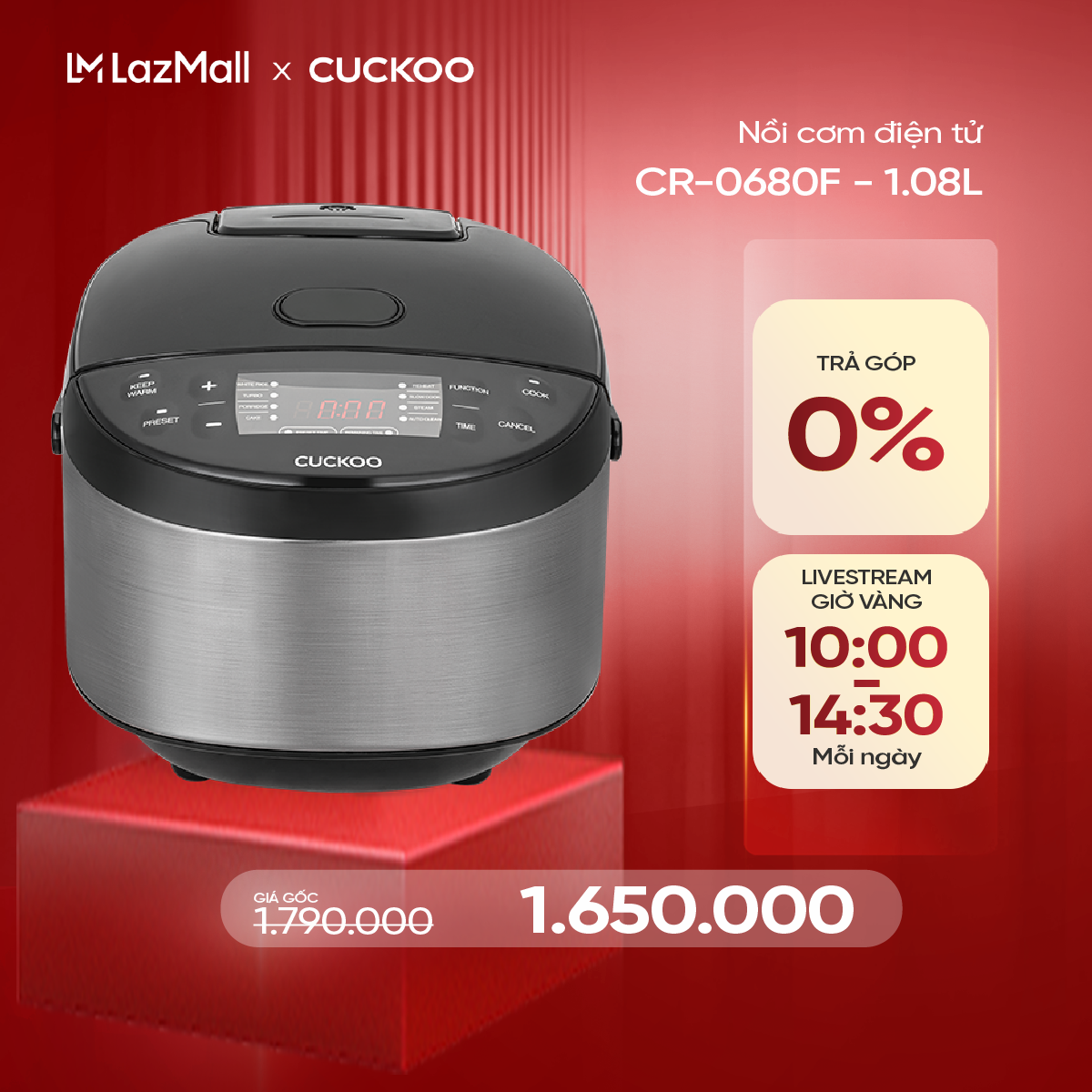 Nồi cơm điện tử Cuckoo 1.08L CR-0680F đa dạng chức năng nấu thiết kế sang trọng - Bảo hành 2 năm - H