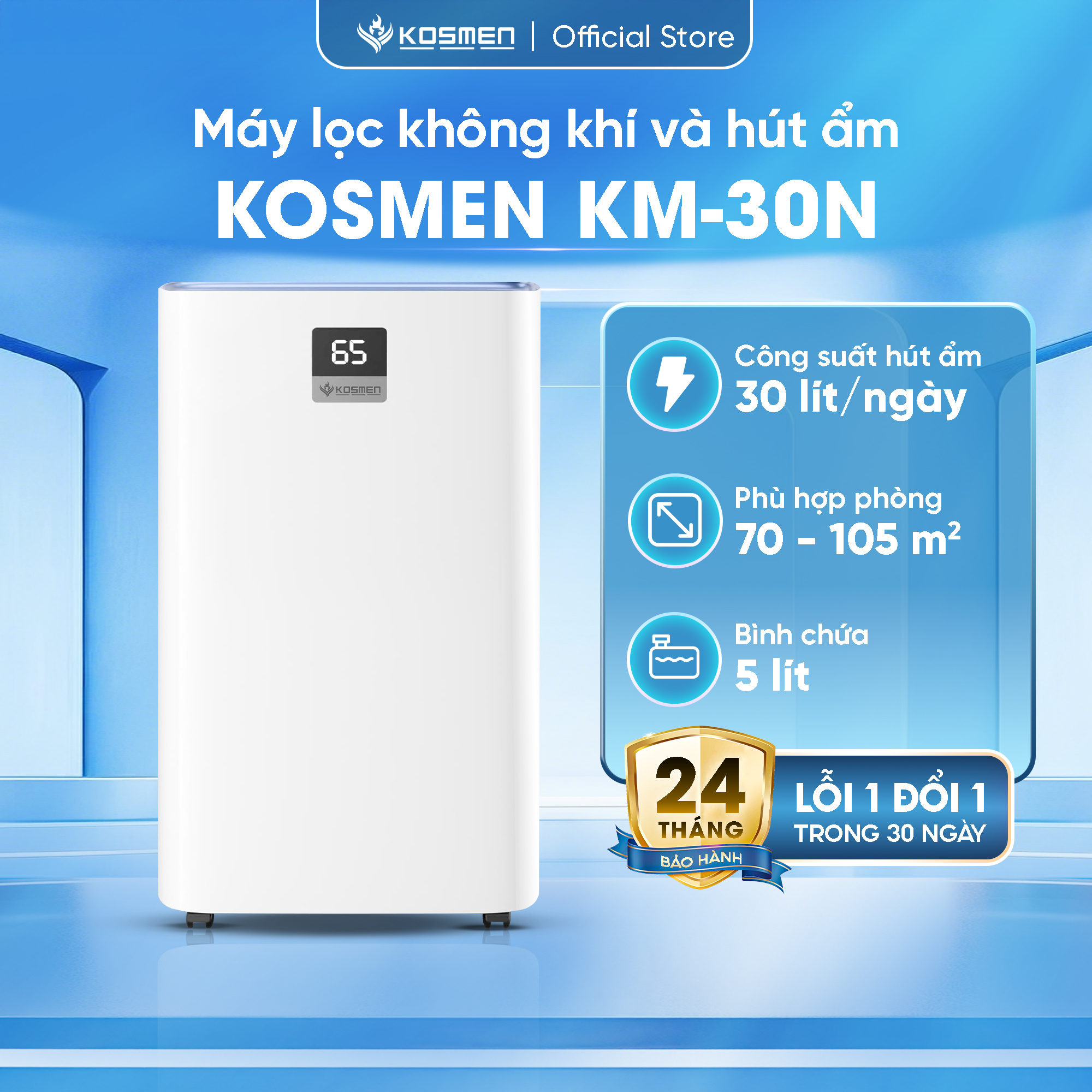 Máy hút ẩm và lọc không khí Kosmen KM-30N - Thiết bị đa năng cho không gian sống khỏe mạnh