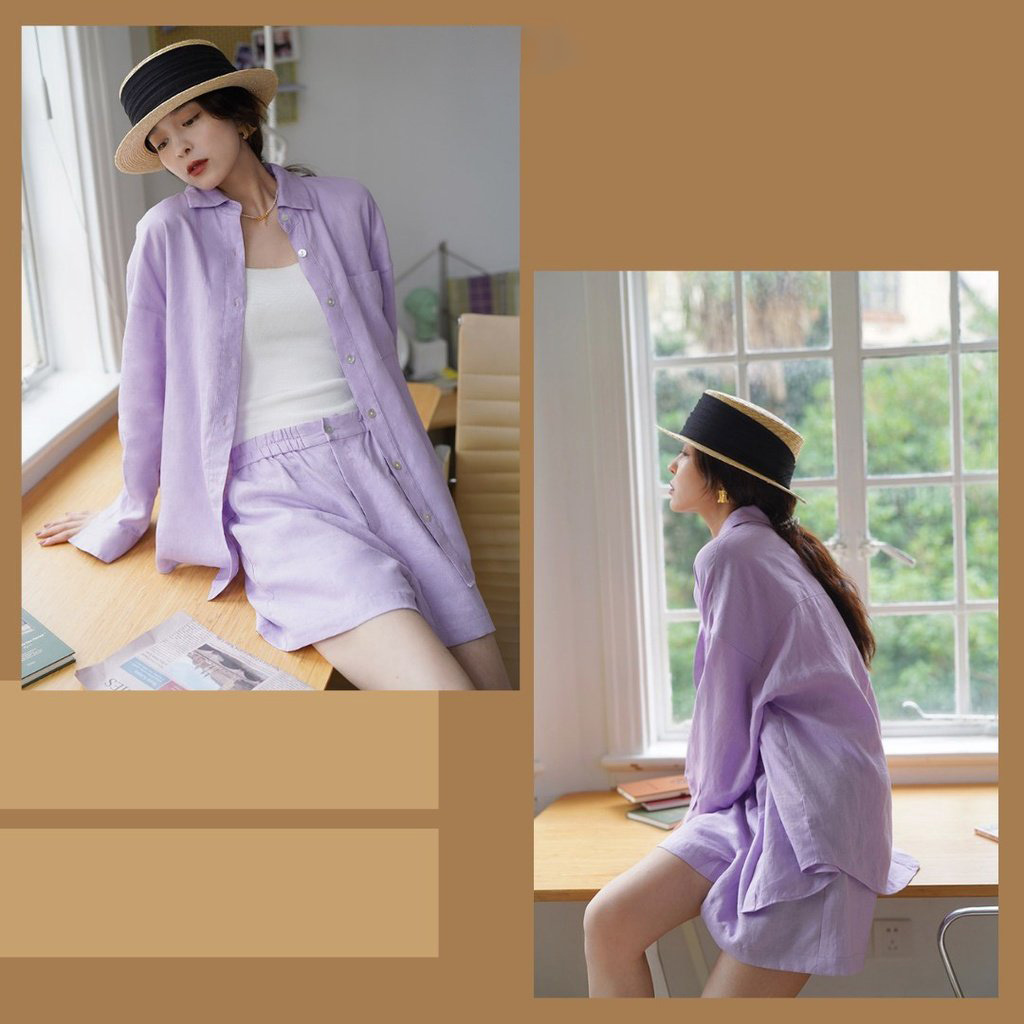 Set sơ mi nữ form rộng thả vai kèm quần short Đũi Việt màu tím pastel dịu dàng vải linen mềm mát