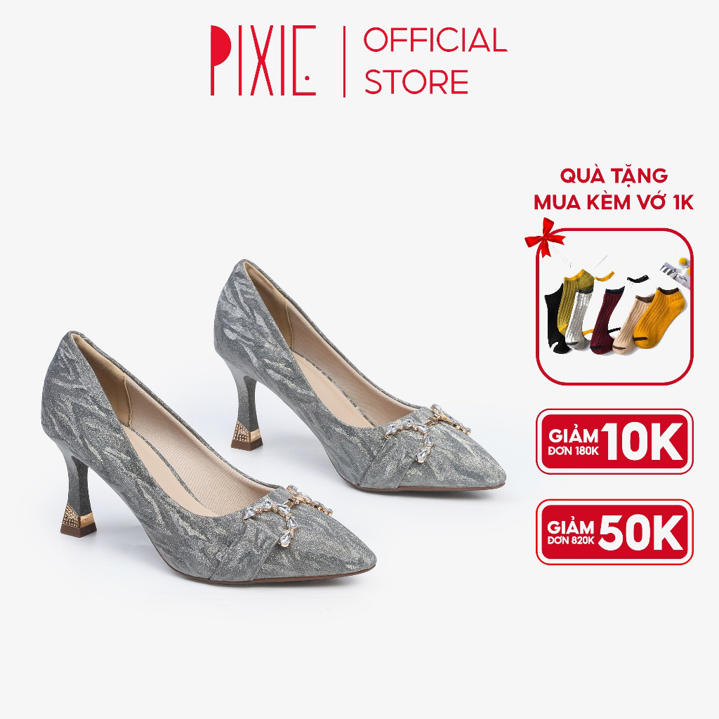 Giày Cao Gót 7cm Kim Tuyến Phối Khóa Pixie H125