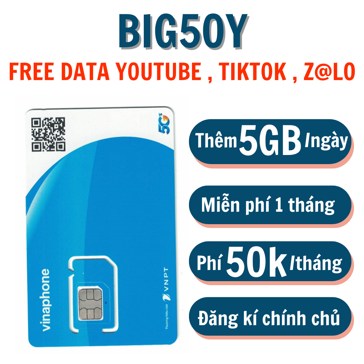 ( SIM XỊN ) Sim Data 5G VIna BIG50Y 1 Tỷ GB TRuy Cập Tik  Y0u  Zal Chỉ 50K/Tháng Sim Siêu Rẻ Tặng 1 