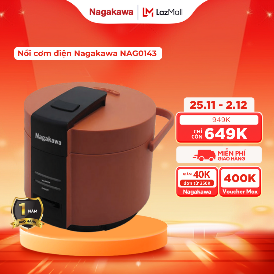 [MUA 2 GIẢM 10%] Nồi cơm Nagakawa NAG0143 (1.8 lít) /NAG0144 (2.2 lít) chống dính teflon vung 2 lớp 