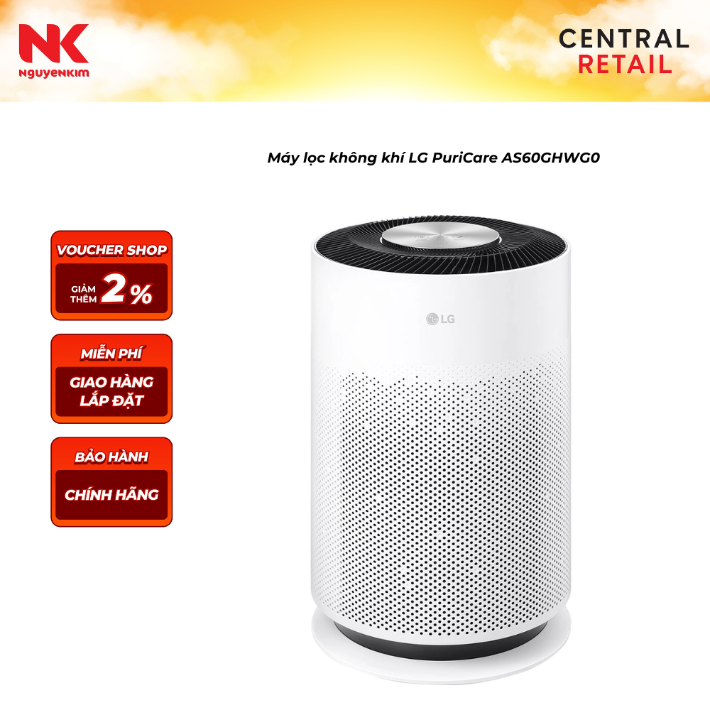 Máy lọc không khí LG PuriCare AS60GHWG0 - Trắng, 61m², H13 HEPA, Wi-Fi, Chế độ ngủ