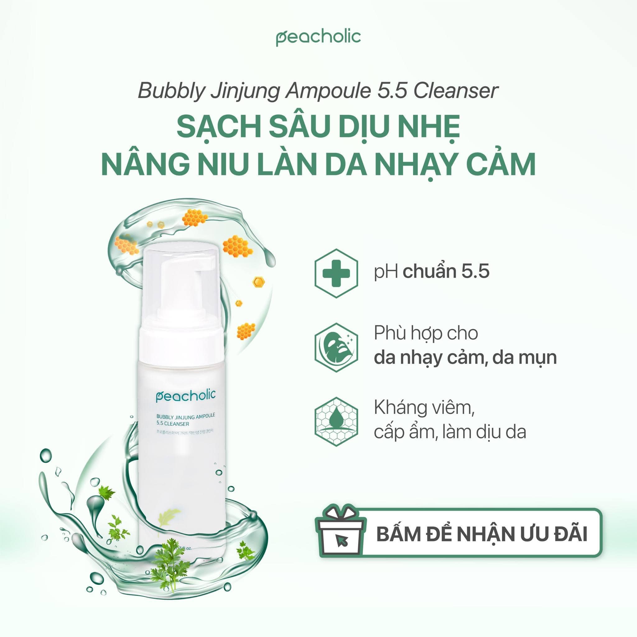 Sữa Rửa Mặt Ngải Cứu Tạo Bọt Peacholic Bubbly Jinjung Ampoule 5.5 Cleanser MP0043
