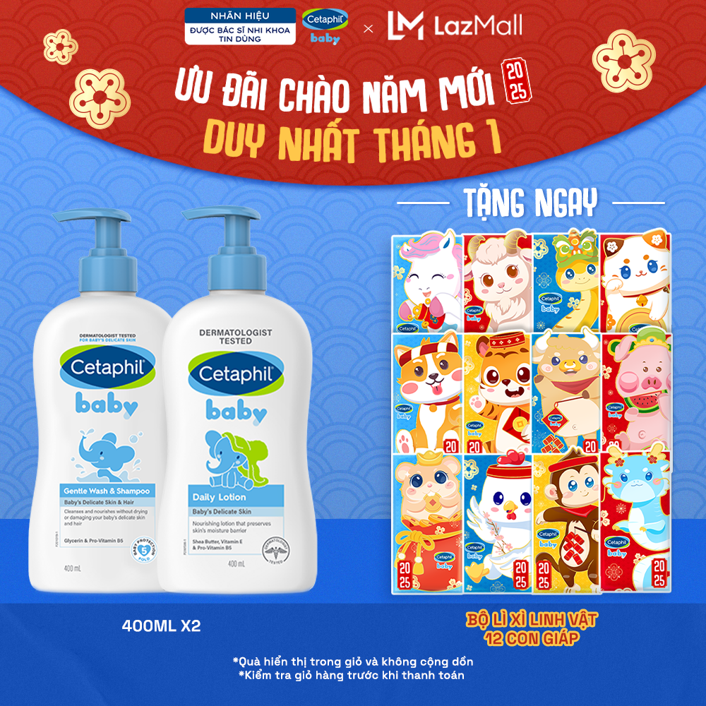 Combo Sữa tắm gội dịu lành Cetaphil Baby Gentle Wash & Shampoo 400ml + Sữa dưỡng ẩm dịu lành Cetaphi