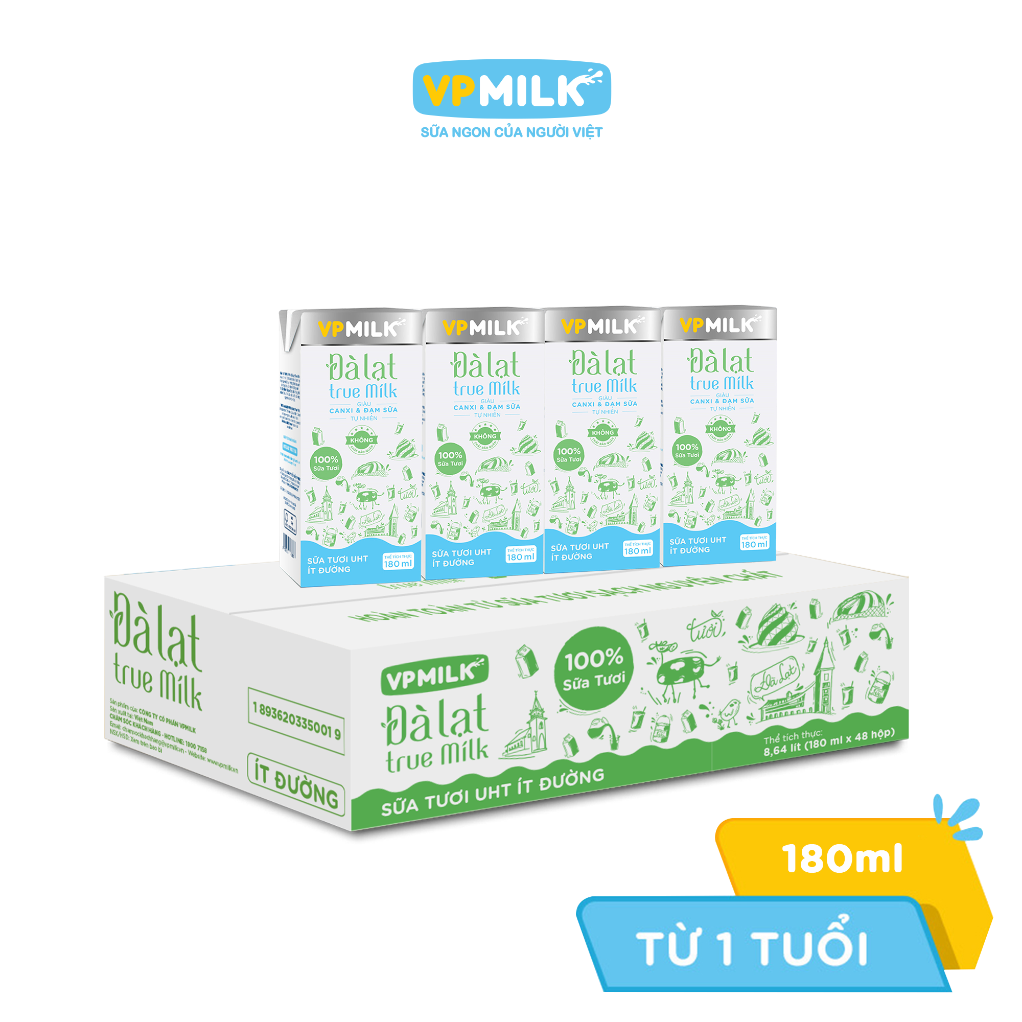 [Thùng 48 hộp 180ml] Sữa Tươi Nguyên Chất UHT Đà Lạt True Milk Ít Đường VPMilk