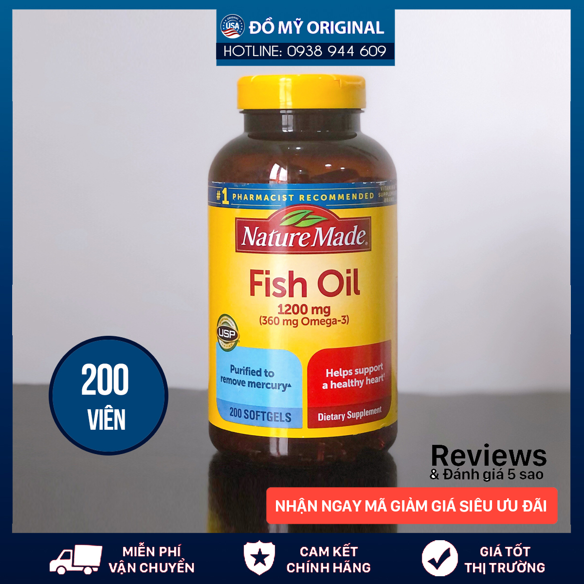 [Hcm]Dầu Cá Nature Made Fish Oil 1200Mg 360Mg Omega 3 Hộp 200 Viên Hàng Nhập Mỹ Giúp Sáng Mắt Đẹp Da Ngăn Ngừa Ung Thư Tốt Cho Tim Mạch