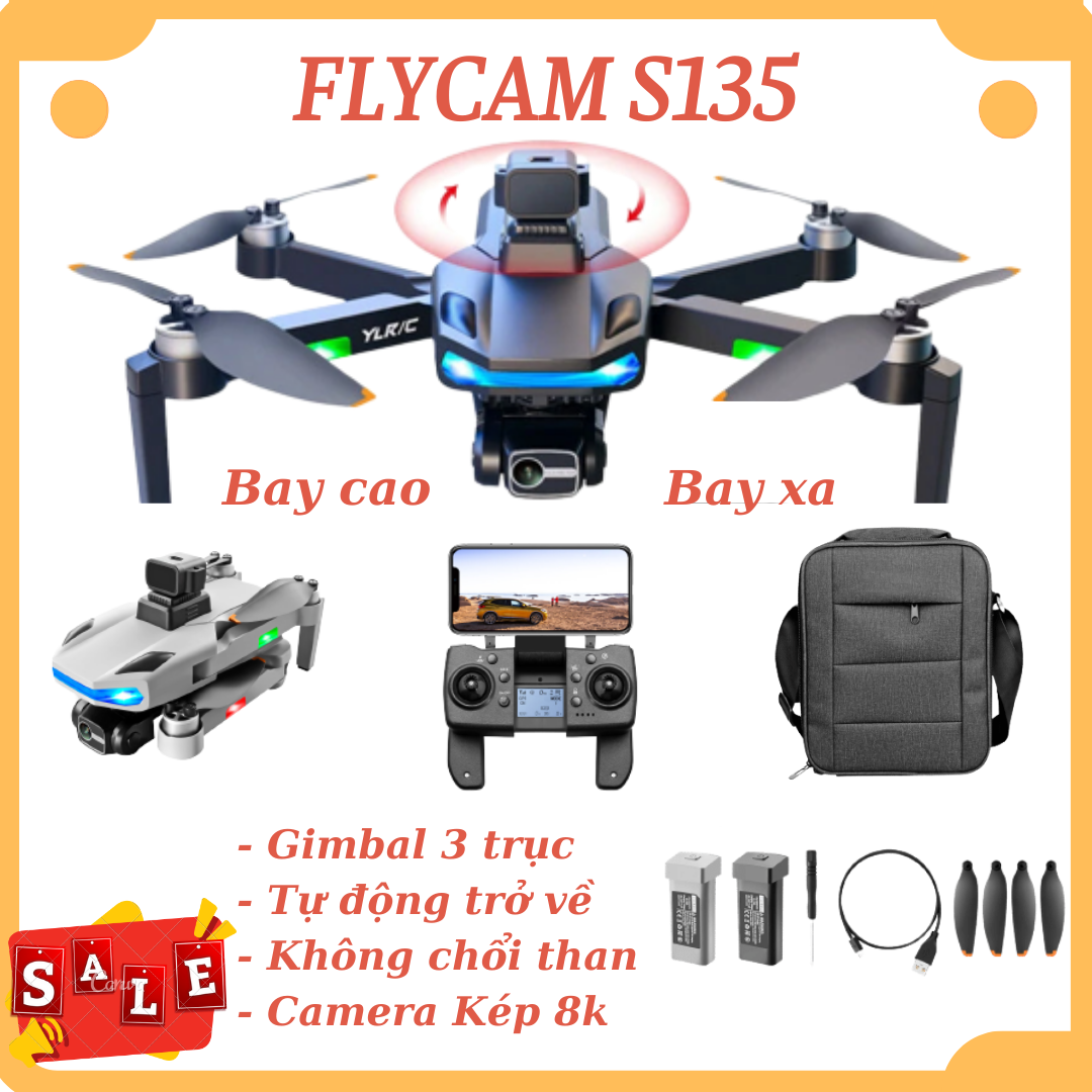 Máy Bay Flycam S135 Pro - Flycam mini S135 pro Camera 8K Drone Mini G.P.S Cao Cấp Máy Bay Không Người Lái 4 Cánh Điều Khiển Từ Xa Chuyên Nghiệp Camera Kép 5G Wifi FPV Động Cơ Không Chổi Than Gấp Quadcopter RC Khoảng Cách 3000M