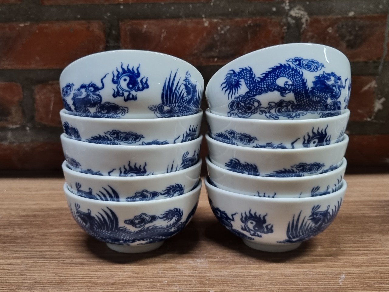 Bộ 10 bát cơm/chén cơm thờ cúng ( loại to) hình rồng màu xanh lam rộng 11cm