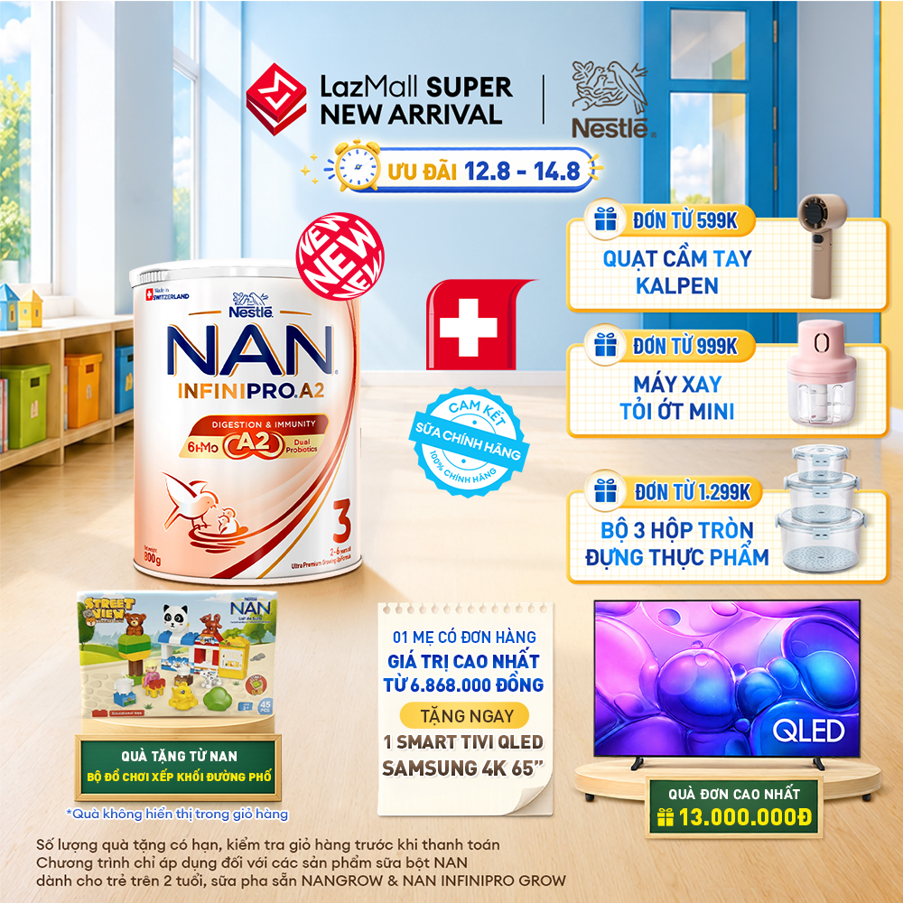 [CHỈ 12-14.08 QT ĐƠN 599K/999K/1299K][Tặng Bộ đồ chơi xếp khối đường phố] Sữa bột Nestle NAN INFINIPRO A2 3 800g Cho Bé 2 - 6 Tuổi Có Đạm A2 6HMO & Lợi Khuẩn Kép hỗ trợ tiêu hóa đề kháng