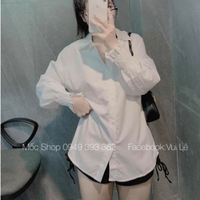 Áo Sơ Mi Nữ Trắng Đi Học Tay Dài Bo Nhúm Cổ Bẻ Basic Form Rộng Vừa - Sơ Mi Đi Học Sinh Nữ Trắng Tay 