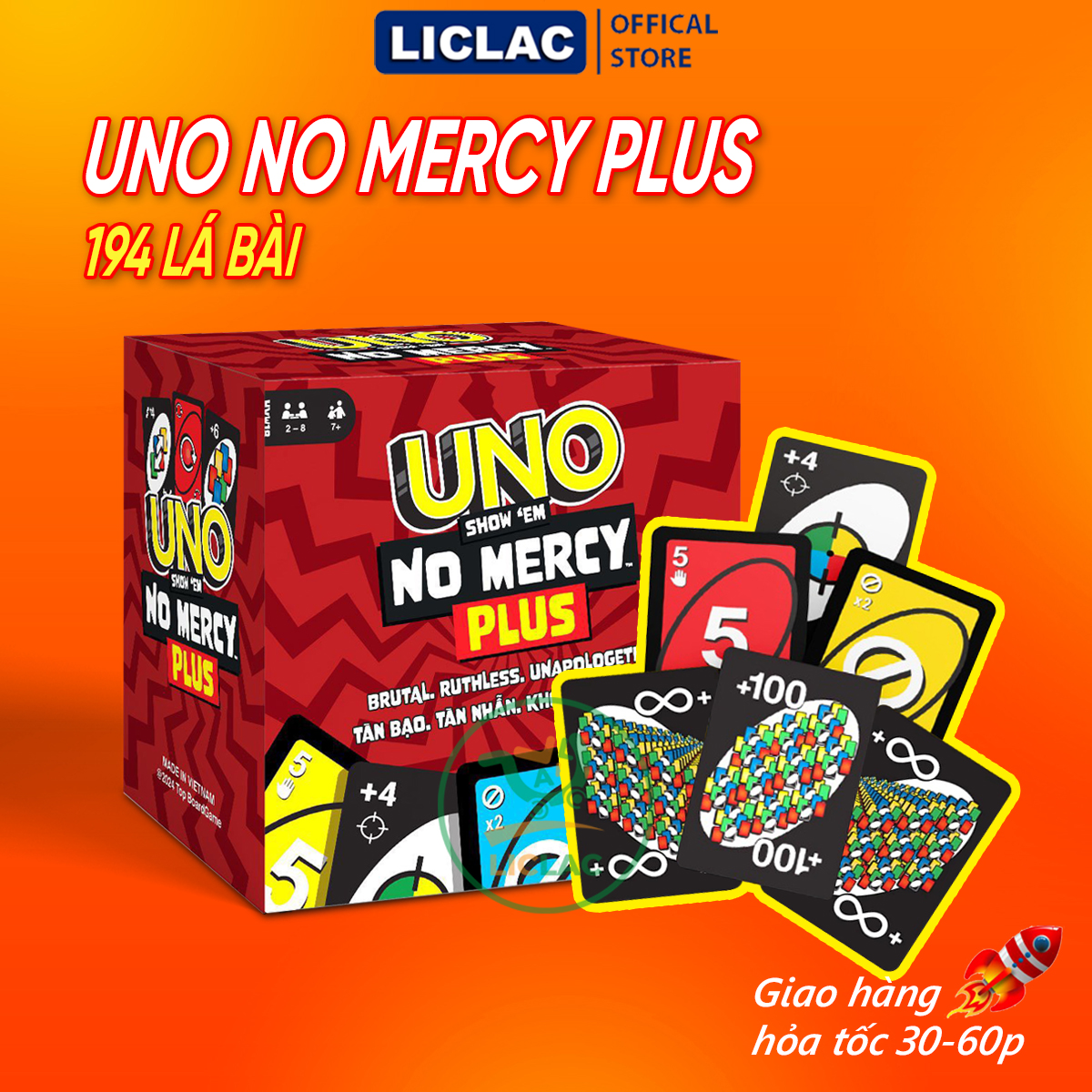 Bài UNO NO MERCY PLUS 194 lá phiên bản mới UNO +100 không thương tiếc Boardgame chơi cùng nhóm bạn