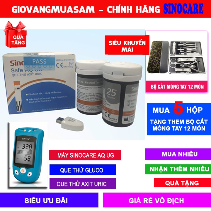 Hộp 25 Que Thử Đường Huyết Và 25 Que Axit Uric Cho Máy Đo 2 Trong 1 Sinocare Aq Ug + Mua Cứ 5 Hộp Tặng 1 Bộ Dụng Cụ Làm M|25 Que Uric + 50Kim