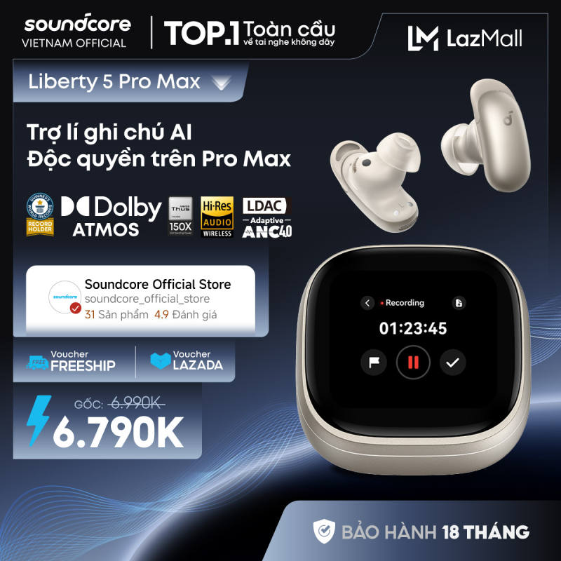 Tai nghe không dây Soundcore Liberty 5 Pro/ Promax |Trợ lý ghi chú AI| Hệ thống đàm thoại 10 cảm biến | BH 18 tháng