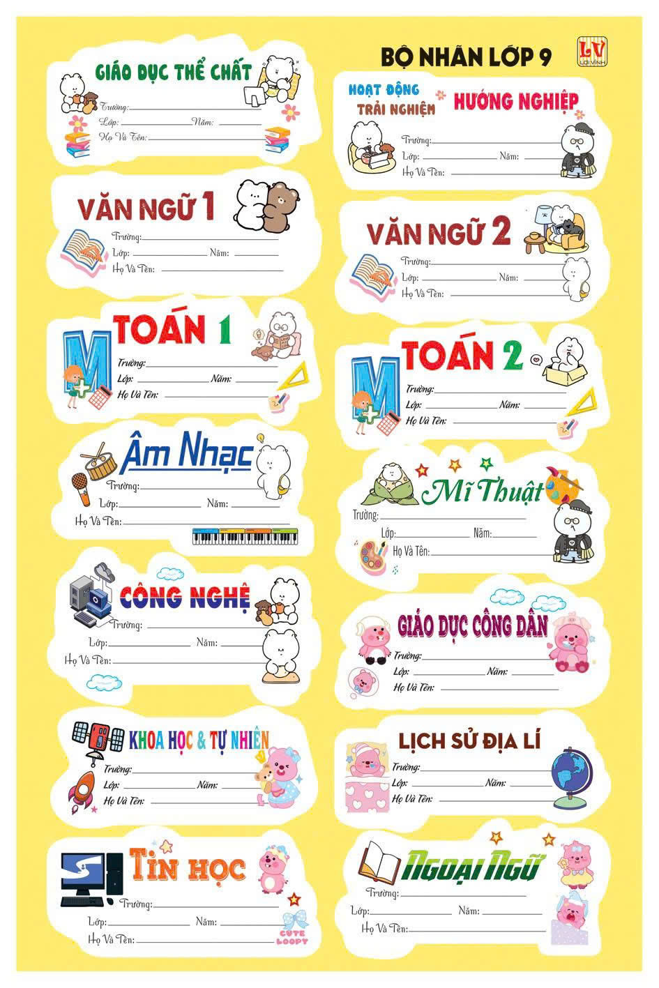 Combo 70 Nhãn Tem Môn Học Lớp 6- 7- 8- 9 ( 70 Nhãn ) Mẫu Và Màu Ngẫu Nhiên