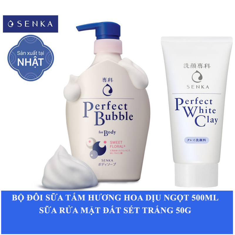 Combo Dưỡng Da Ẩm Mịn Và Trắng Sáng Toàn Thân Senka Perfect (Sữa Tắm Dưỡng Ẩm Hương Hoa Hồng Đinh Hương 500Ml Và Sữa Rửa Mặt Chiết Xuất Đất Sét Trắng Clay 50G)