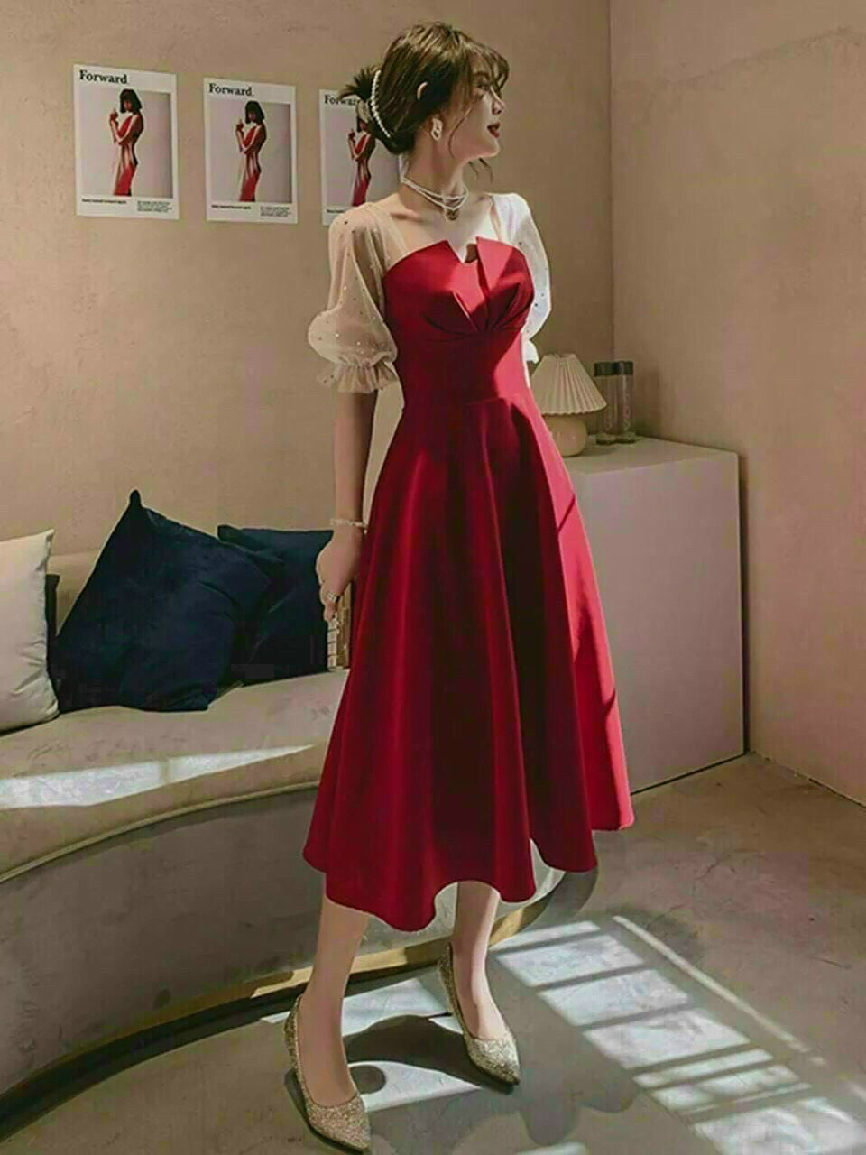 [Voucher 50k Freeship Max 0 đồng toàn quốc] Đầm đi tiệc màu đỏ dáng xòe dài phối tay lưới bi phồng đ