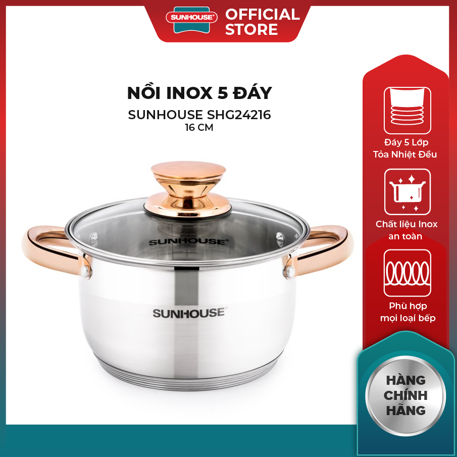 Nồi inox 5 đáy SUNHOUSE SHG24216 - Đường kính 16cm - Sử dụng được trên mọi loại bếp