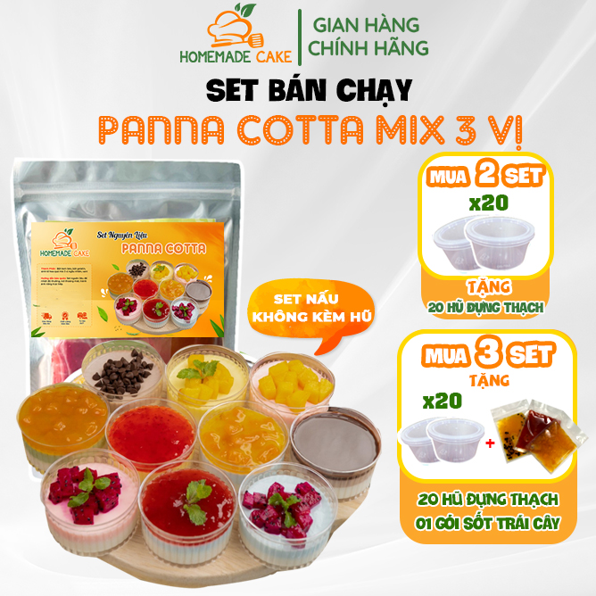 Panna Cotta thạch kem sữa Ý 35-40 hũ  Set nguyên liệu làm Panna Cotta 3 vị sốt trái cây Đào  Dâu Cha