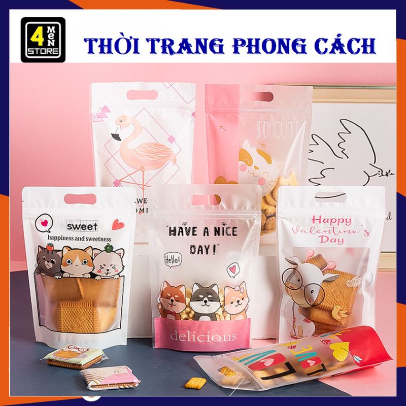 SET 10 Túi Zip Đựng Bánh Kẹo Thực Phẩm In Hình Dễ Thương Có Quai Xách - Túi Đựng Bánh Mứt Kẹo Nougat Cao Cấp Tiện Lợi