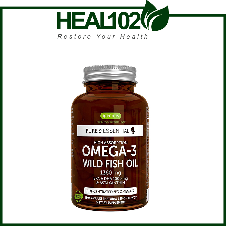 Pure &amp; Essential Vegan Omega-3 &amp; Astaxanthin Igennus - Dầu cá omega 3 bổ sung EPA và DHA thay thế - Chống lão hóa tốt cho não mắt và tim mạch - HEAL102
