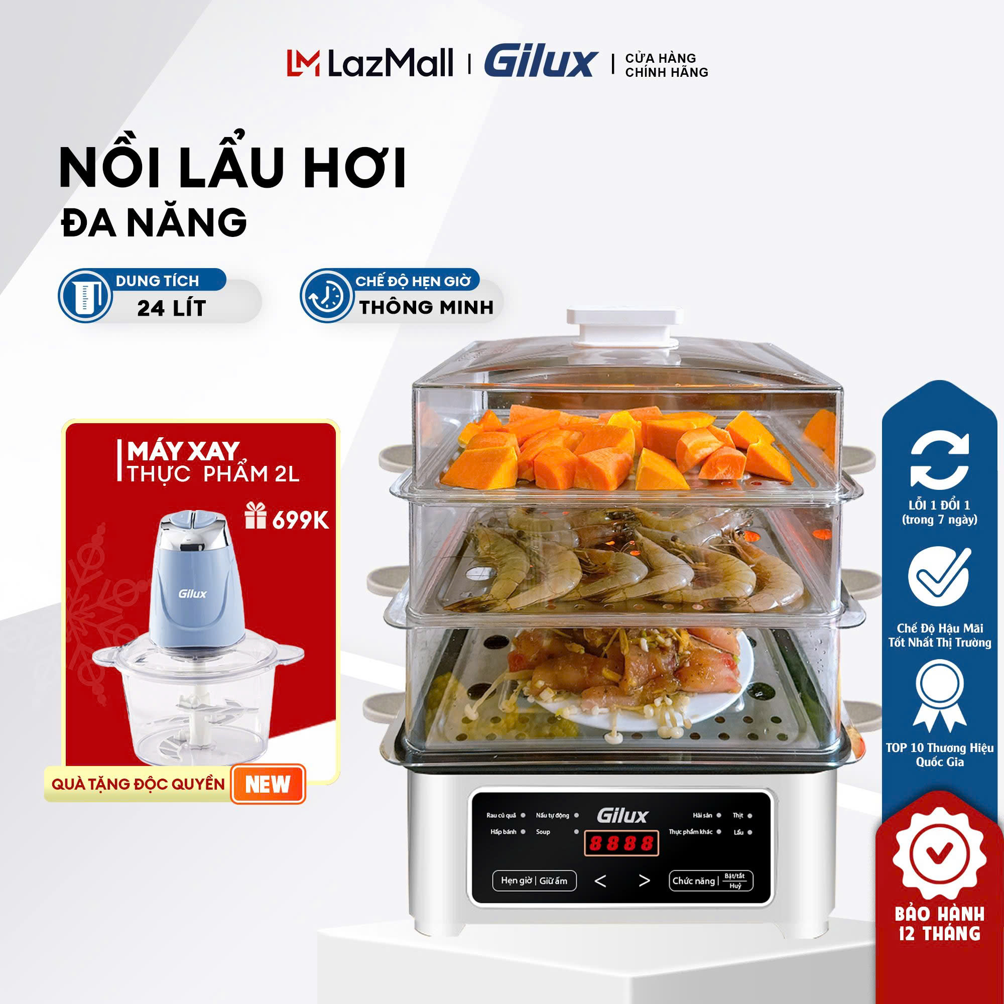 (Tặng máy xay thịt GX29)Nồi hấp lẩu hơi đa năng Gilux - Hấp điện kèm lẩu đa năng 3 tầng 2 trong 1 du