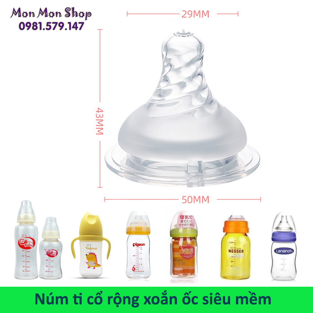 Núm ti bình sữa cổ rộng Yanling thiết kế xoắn ốc silicol siêu mềm và van chống sặc ( size M cho bé trên 3 tháng ) tương thích cho bình sữa Pigeon Lansinoh Toom Wesser cổ rộng