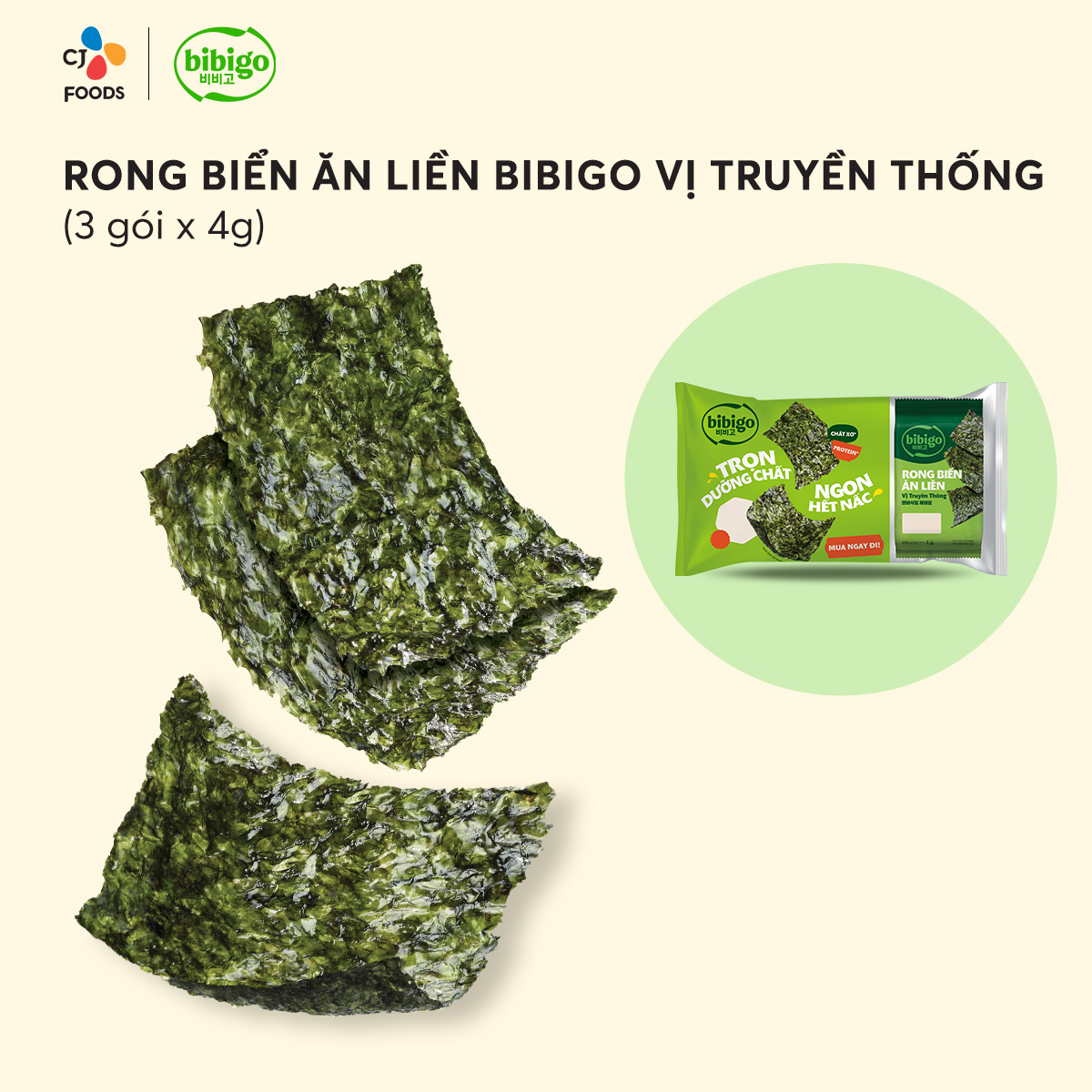 Thùng 12 lốc Rong biển ăn liền Bibigo Lá kim vị truyền thống (12 lốc x 3 gói x 4gr)