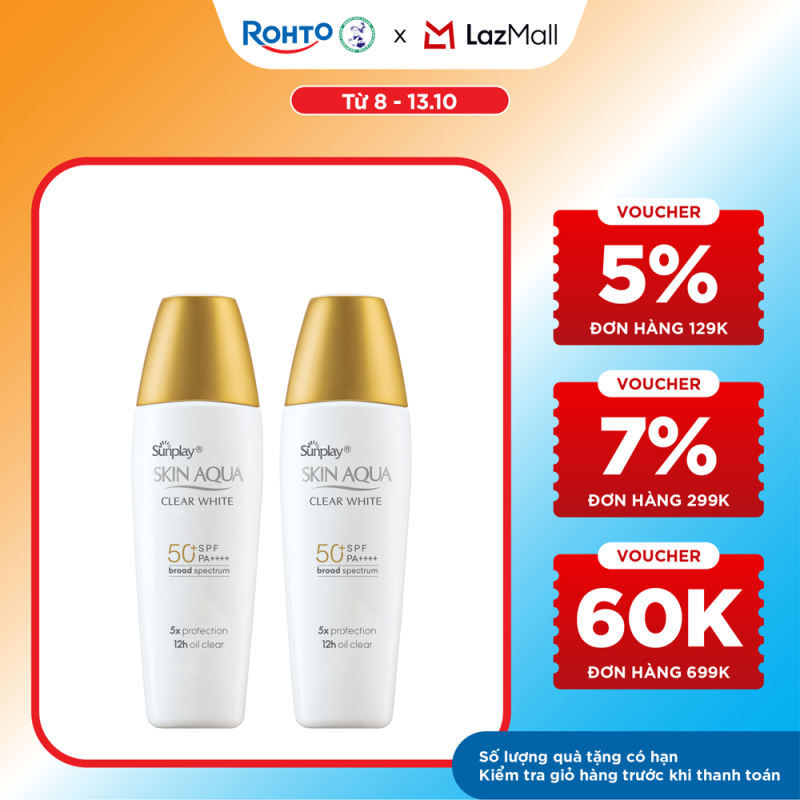 Bộ 2 Kem chống nắng Skin Aqua dưỡng trắng kiểm dầu dùng hàng ngày dạng sữa Sunplay Skin Aqua Clear White Eco Việt Nam SPF50 PA++++ 25g