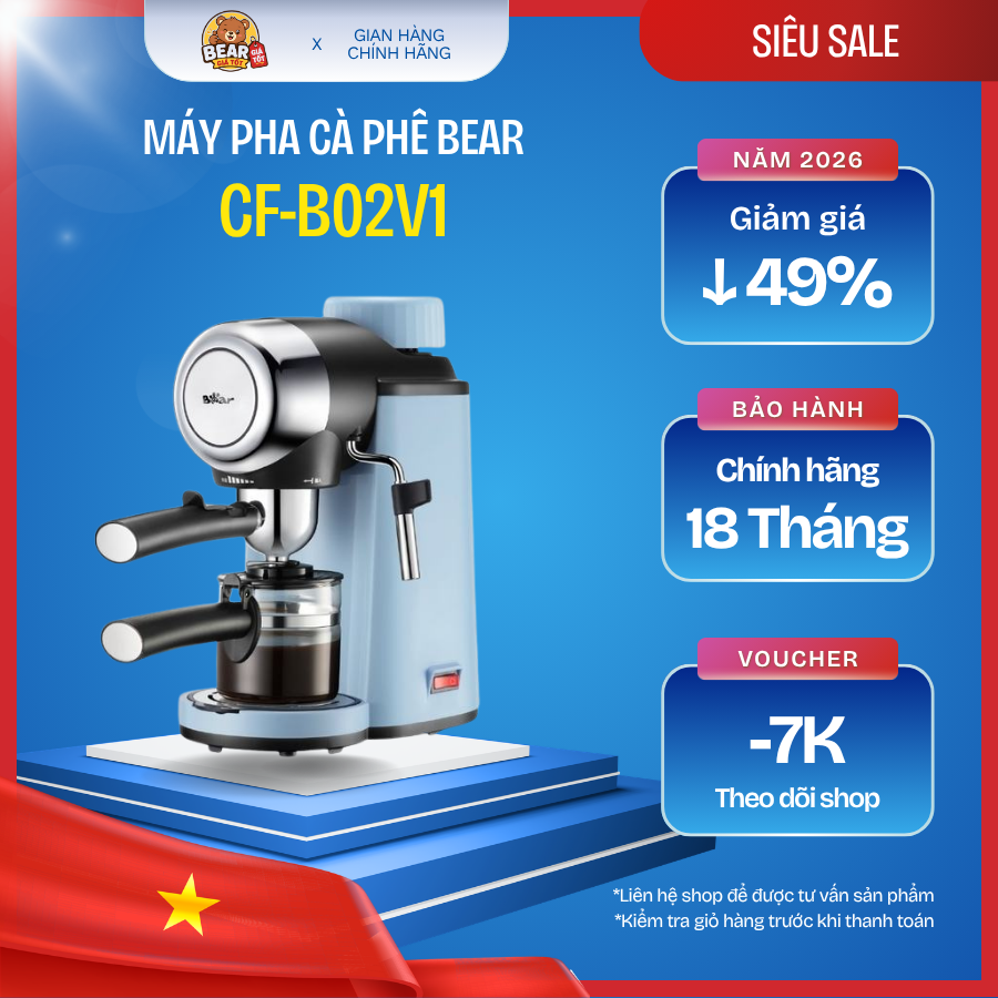 Máy pha cà phê Bear CF-B02V1 - Xanh nhạt, 240ml, 800W, 2 cốc