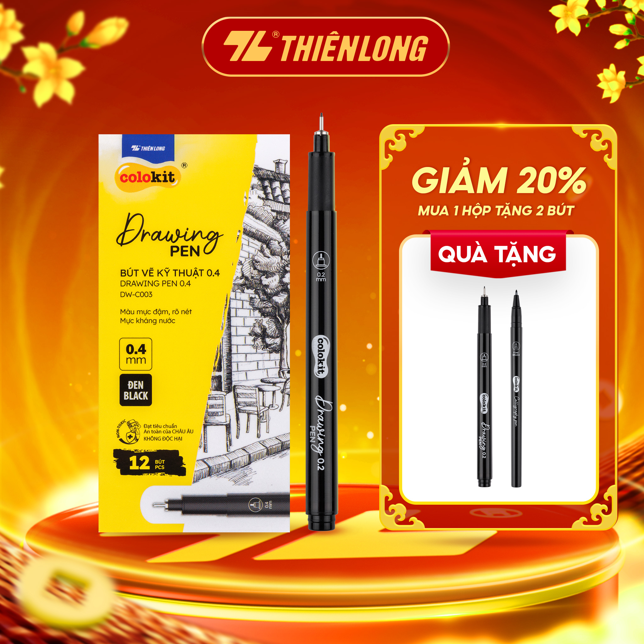 Combo 12 Bút viết Calligraphy Thiên Long Colokit DW-C005 - Mực kháng nước đậm